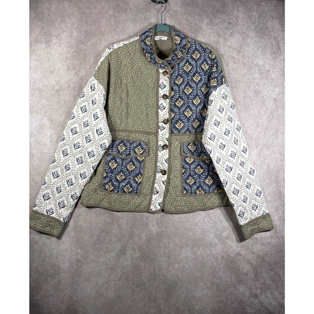 In Loom Quilted Jacket Women Large Green Blue Patchwork Boho Floral Button Up